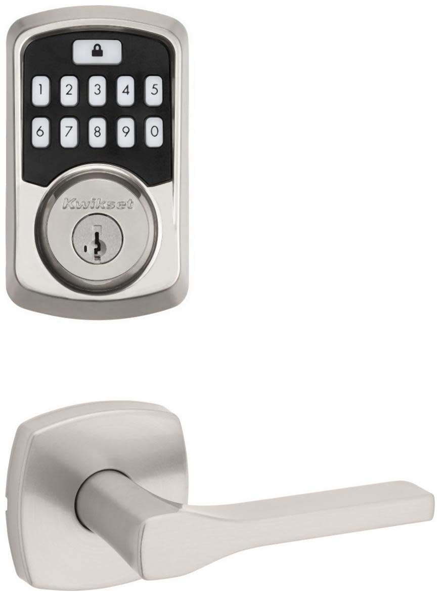 Kwikset 720TPLMDT-942BLE-S Tripoli Passage Lever Set and Electronic Keyless Entry Deadbolt Combo Pack with SmartKey from the Aura Collection Satin