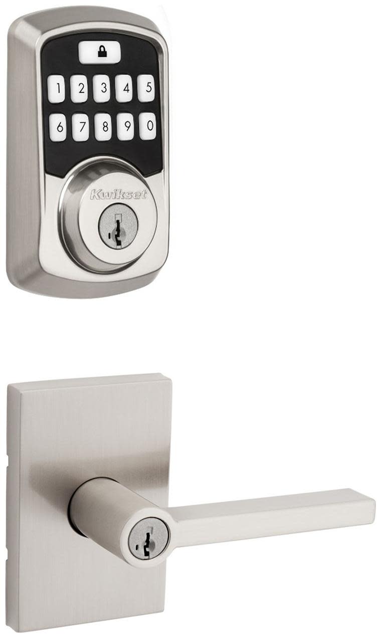 Kwikset 740HFLRCT-942BLE-S Halifax Single Cylinder Keyed Entry Lever Set and Electronic Keyless Entry Deadbolt Combo Pack with SmartKey from the Aura