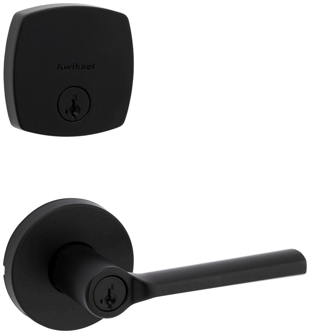 Kwikset 740LSLRDT-258MDT-S Lisbon Single Cylinder Keyed Entry Lever Set and Deadbolt Combo with SmartKey from the Midtown Collection Matte Black Door