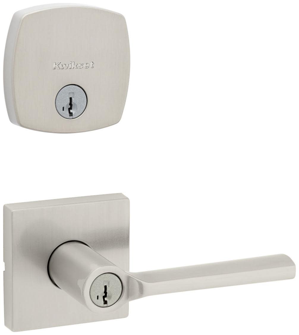 Kwikset 740LSLSQT-258MDT-S Lisbon Single Cylinder Keyed Entry Lever Set and Deadbolt Combo with SmartKey from the Midtown Collection Satin Nickel Door