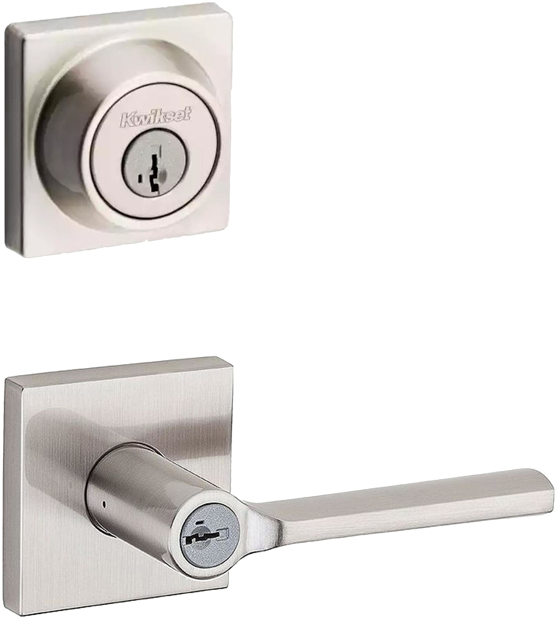 Kwikset 156LSLSQT-660SQT-S Lisbon (Square Rosette) Lever and 660 Deadbolt Combo Pack with SmartKey Satin Nickel Door Hardware Door Lever Combo Packs