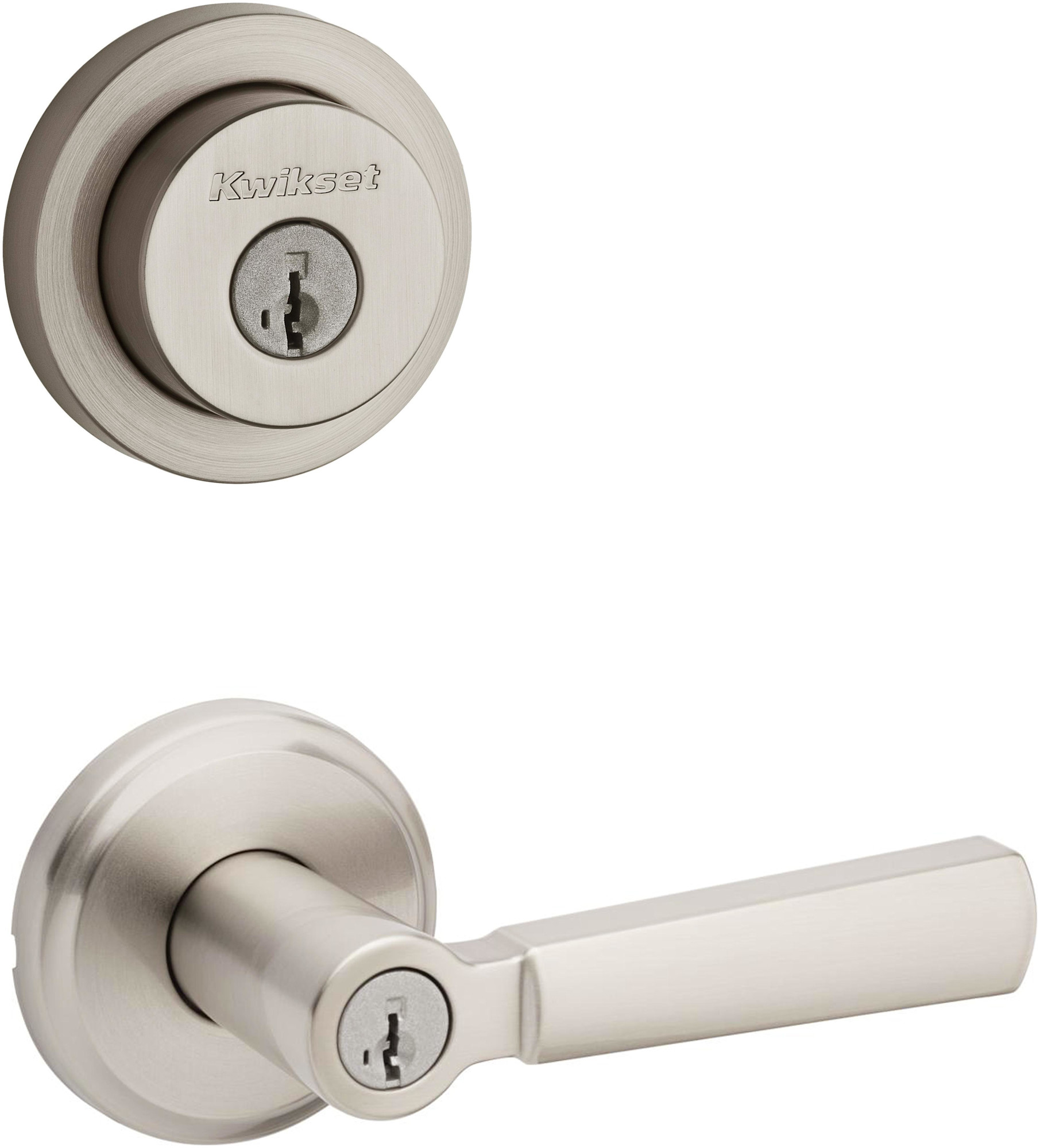 Kwikset 740PHL-158RDT-S Perth Single Cylinder Keyed Entry Lever Set and Milan Deadbolt Combo Pack with SmartKey Satin Nickel Door Hardware Door Lever