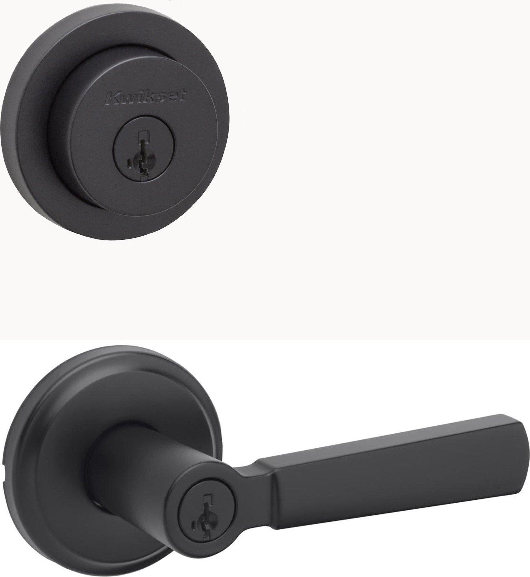Kwikset 740PHL-158RDT-S Perth Single Cylinder Keyed Entry Lever Set and Milan Deadbolt Combo Pack with SmartKey Matte Black Door Hardware Door Lever