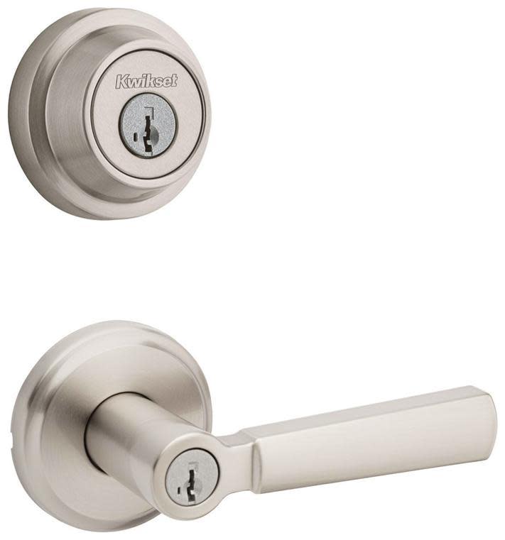Kwikset 740PHL-660CRR-S Perth Single Cylinder Keyed Entry Lever Set and 660 Series Deadbolt Combo Pack with SmartKey Satin Nickel Door Hardware Door