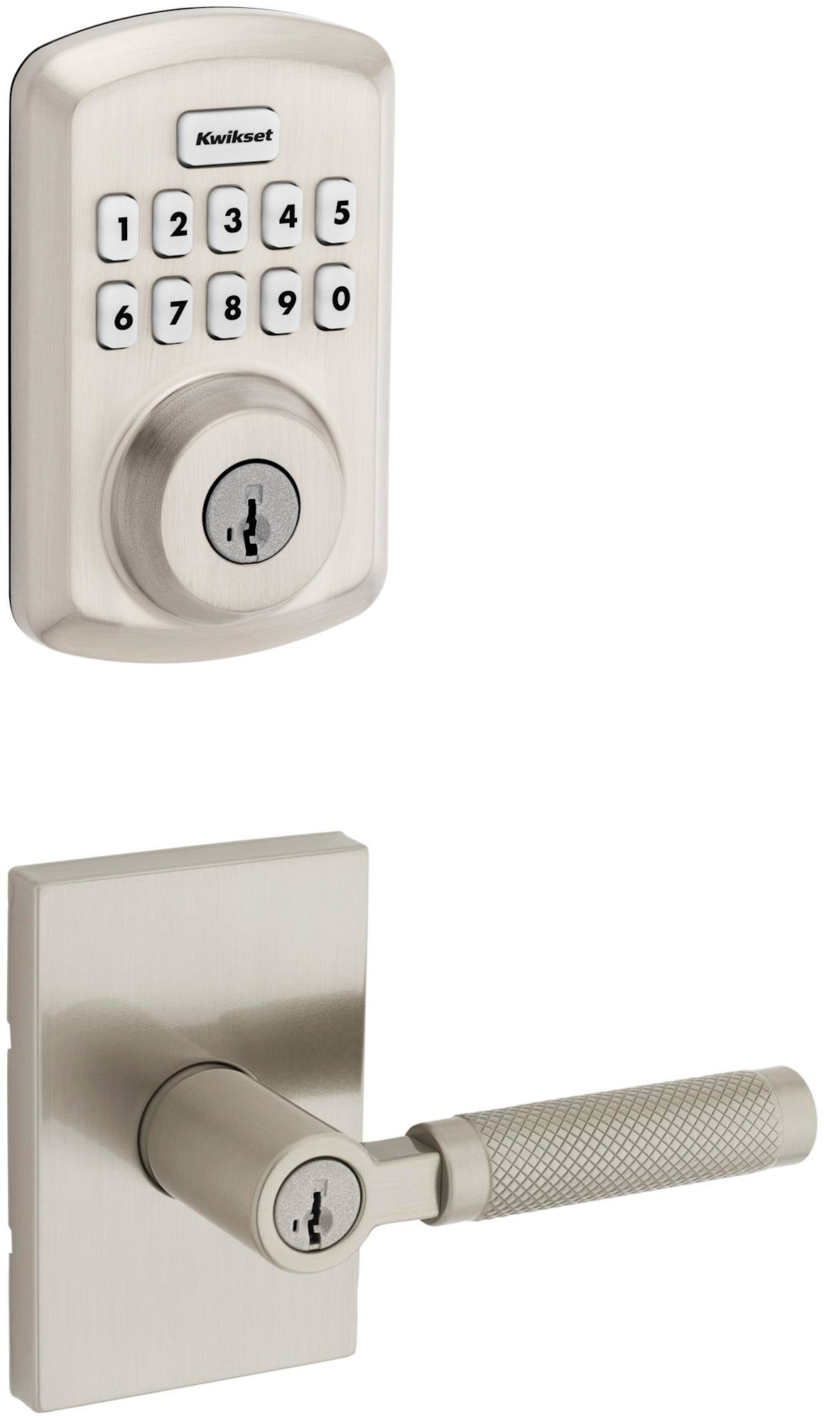 Kwikset 740PVLRCT-9250TRS-S Prava Single Cylinder Lever Set and Powerbolt Electronic Keypad Deadbolt Combo Pack with SmartKey Satin Nickel Door