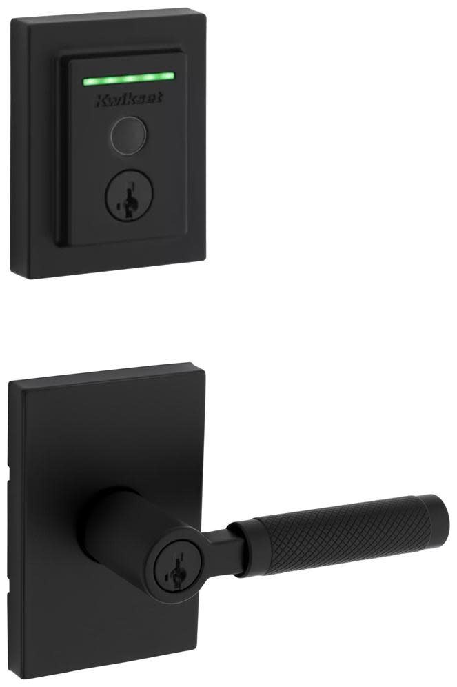 Kwikset 740PVLRCT-959CNTFPRT-S Prava Single Cylinder Lever Set and Halo Electronic Fingerprint Deadbolt Combo Pack with SmartKey Matte Black Door