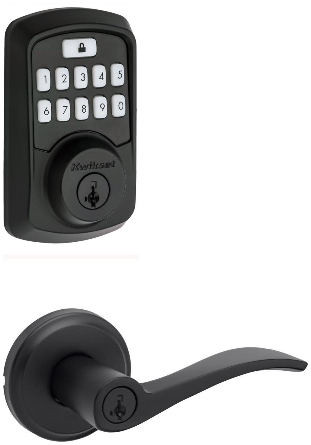 Kwikset 740SEL-942BLE-S Sedona Single Cylinder Lever Set and Aura Electronic Keypad Deadbolt Combo Pack with SmartKey Matte Black Door Hardware Door