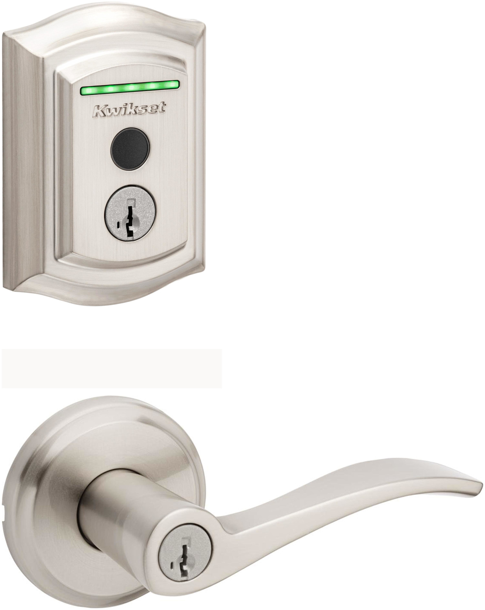 Kwikset 740SEL-959TRLFPRT-S Sedona Single Cylinder Lever Set and Halo Electronic Fingerprint Deadbolt Combo Pack with SmartKey Satin Nickel Door