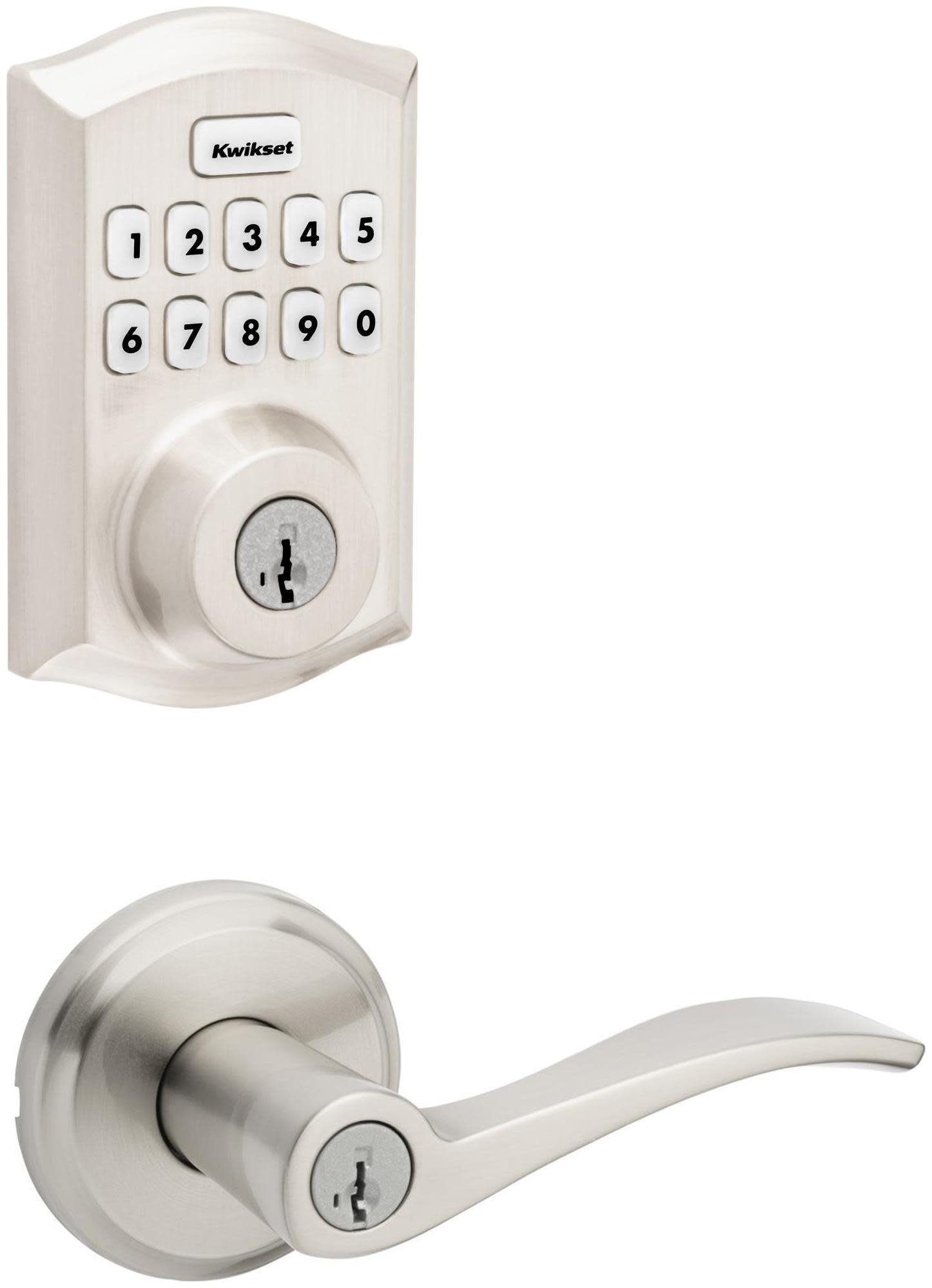 Kwikset 740SEL-620CNTZW-S Sedona Single Cylinder Lever Set and SmartCode Electronic Keypad Deadbolt Combo Pack with SmartKey Satin Nickel Door
