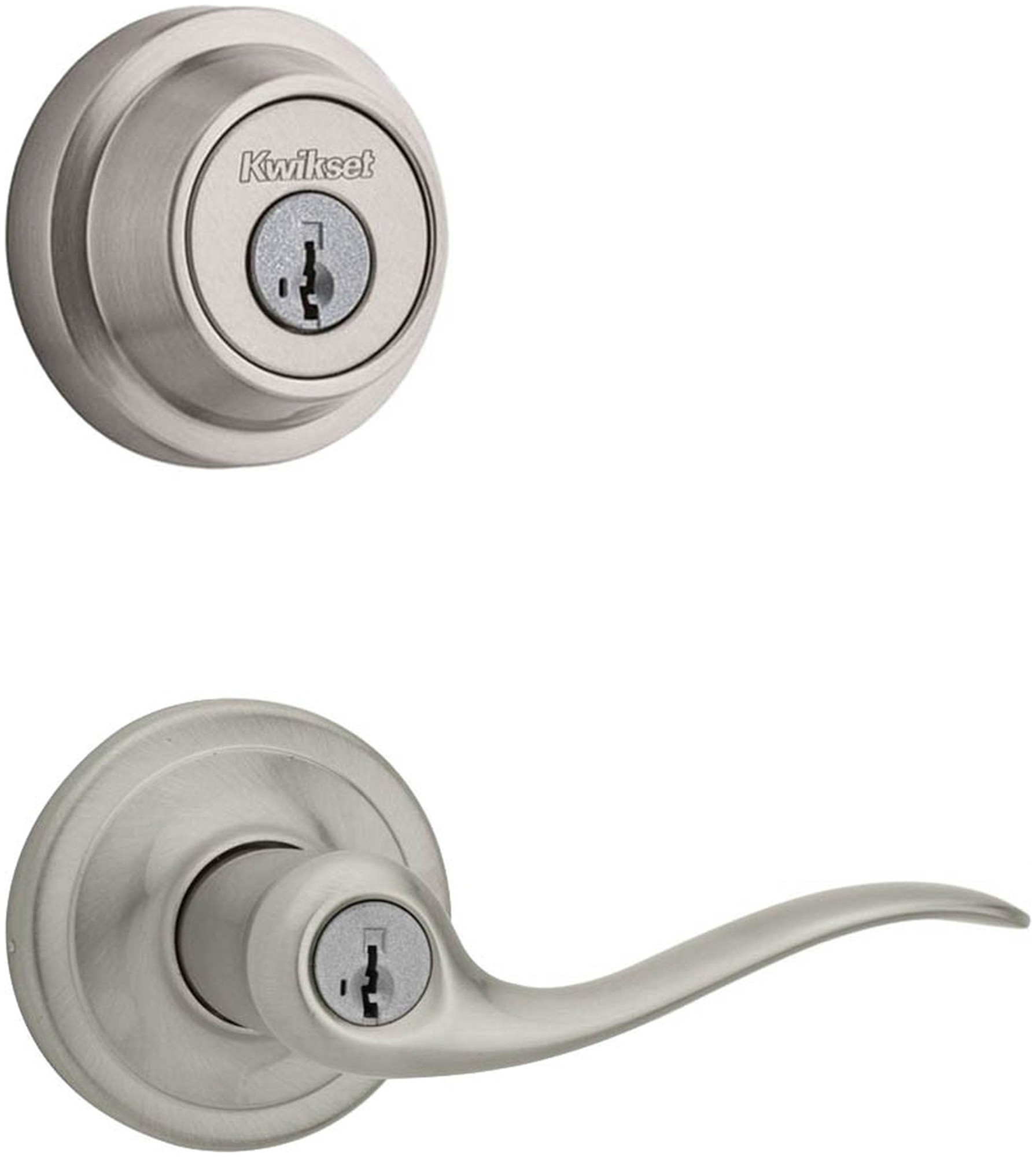 Kwikset 740TNL-660CRR-S Tustin (Round Rosette) Lever and 660 Deadbolt Combo Pack with SmartKey Satin Nickel Door Hardware Door Lever Combo Packs Keyed