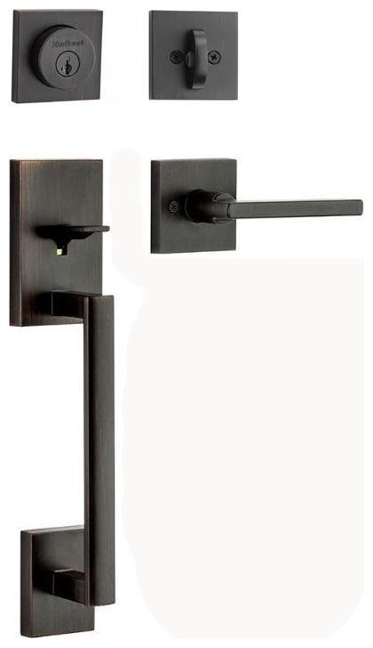 Kwikset 815SCEHFL-158RDT-S San Clemente Sectional Single Cylinder Keyed Entry Handleset with Halifax Interior Lever and SmartKey Venetian Bronze Door