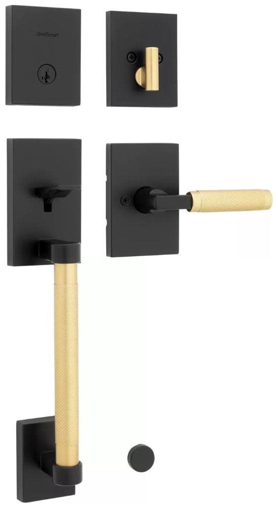 Kwikset 818PVHXPVLRCT-S Prava Sectional Single Cylinder Keyed Entry Handleset with Prava Interior Lever and SmartKey Matte Black / Satin Brass Door