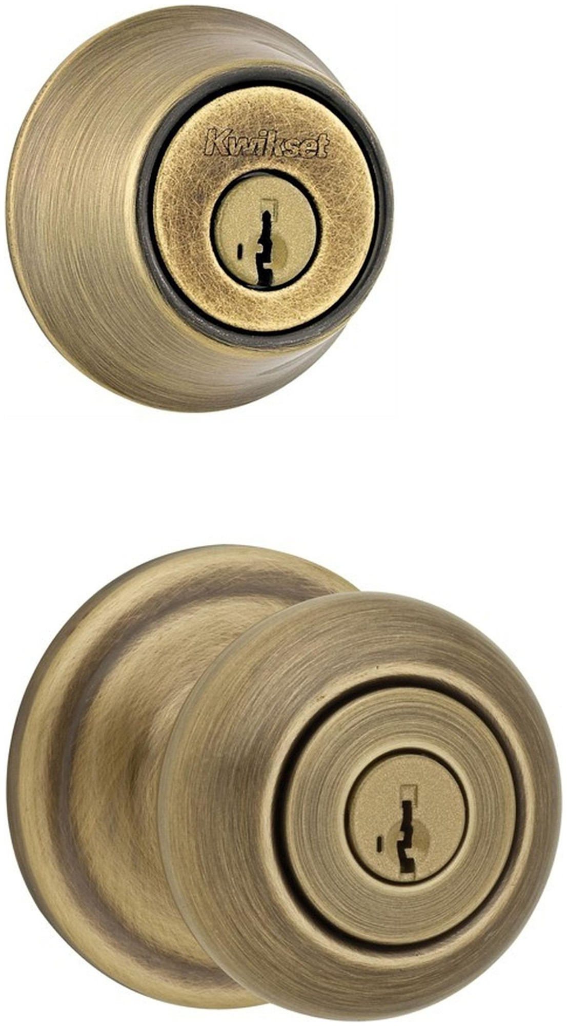 Kwikset CP740J-660-S Juno (Round Rosette) Knob and 660 Deadbolt Combo Pack with SmartKey Antique Brass Door Hardware Door Knob Combo Packs Keyed Entry