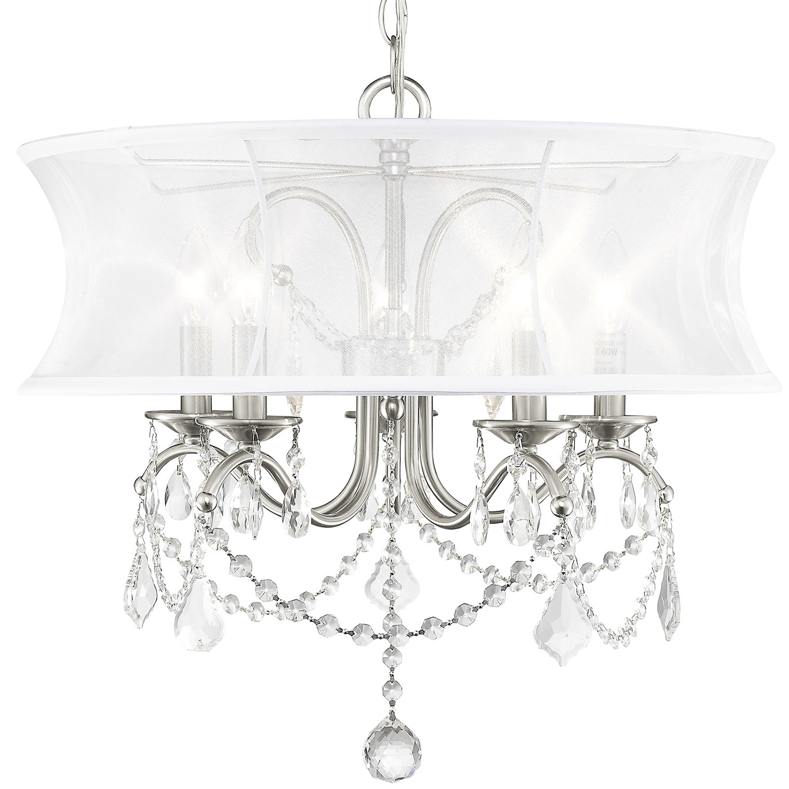 Photos - Chandelier / Lamp WATT Livex Lighting 6305 5 Light 300  Chandelier with Off White Silk Shimmer Shade from the Newcastle Collection Brushed Nick 
