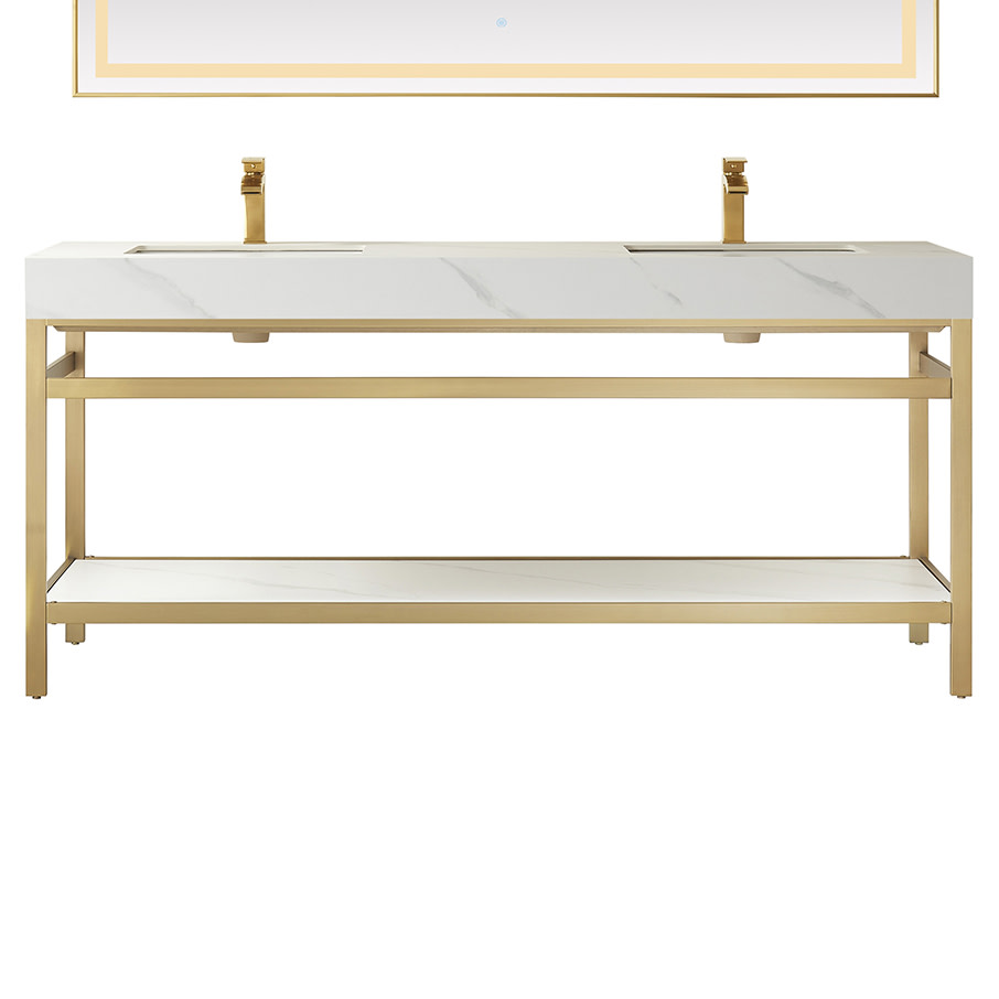 Miseno MV702572-NM Funes 72" Free Standing Double Basin Vanity Set with Cabinet and Stone Vanity Top Brushed Gold / White Bathroom Storage Vanity Sets