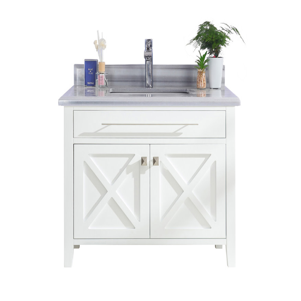 Miseno MV-36-313YG319 Wimbledon 36" Free Standing Single Basin Vanity Set with Cabinet and Marble Vanity Top White / White Stripes Bathroom Storage
