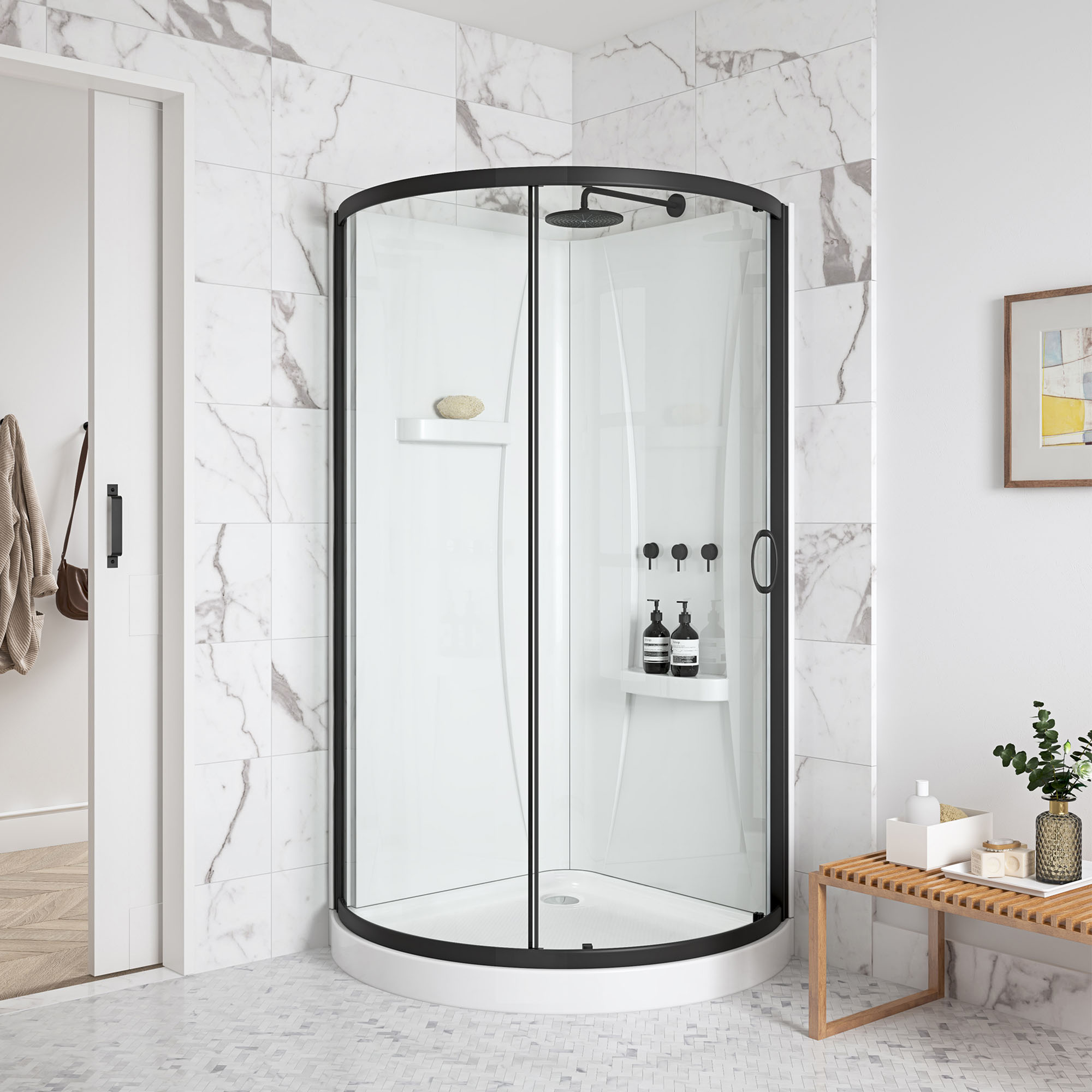 Photos - Shower Enclosure Miseno MSD3678KIT Breeze 40 in. L x 40 in. W x 77 in. H Round Corner Shower Kit with Sliding Door Acrylic Wall and Shower Ba