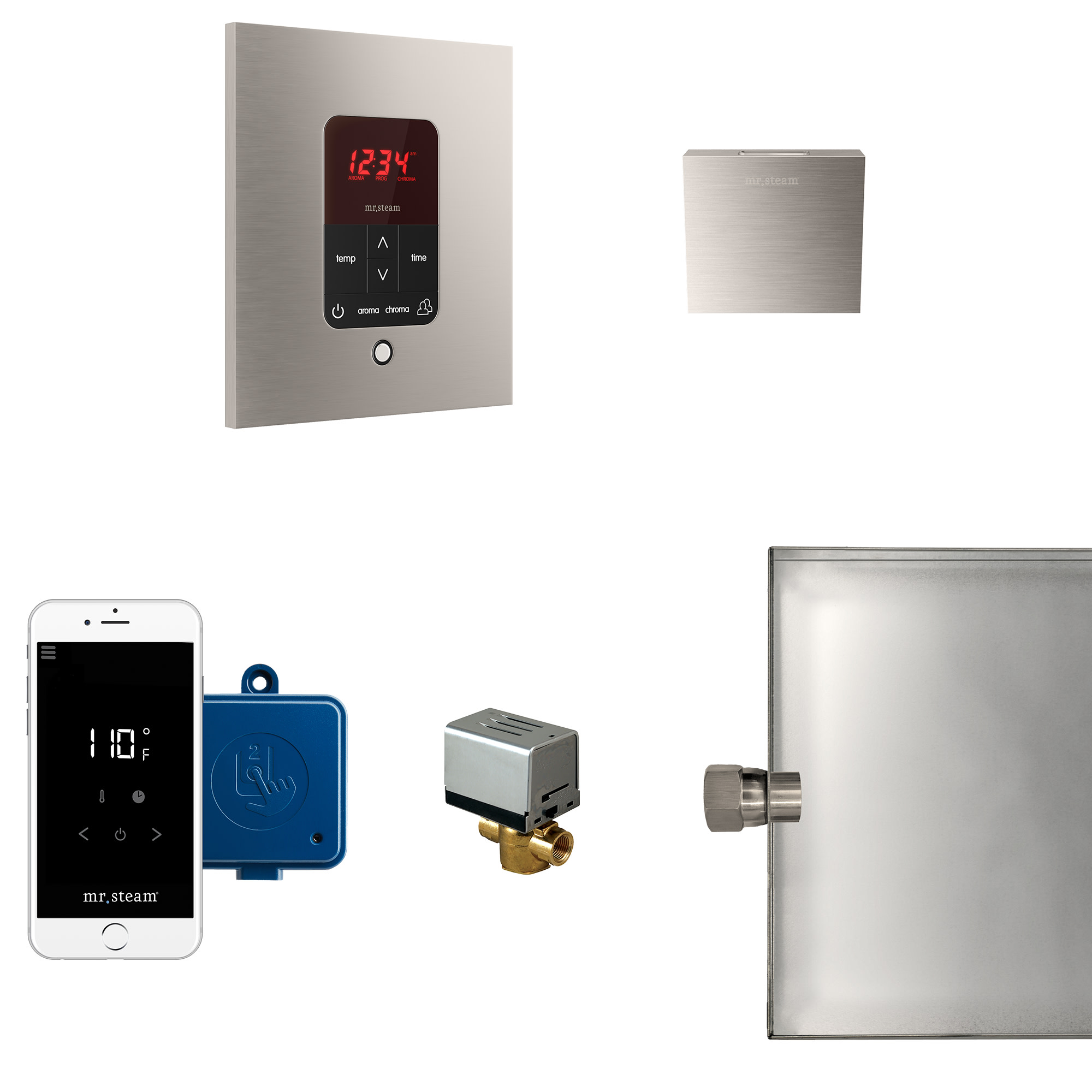 Mr Steam MSBUTLER1SQ Butler Steam Shower Package includes: (1) iTempoPlus Control (1) AromaSteam Steam head (1) AutoFlush (1) Condensation Pan (1)