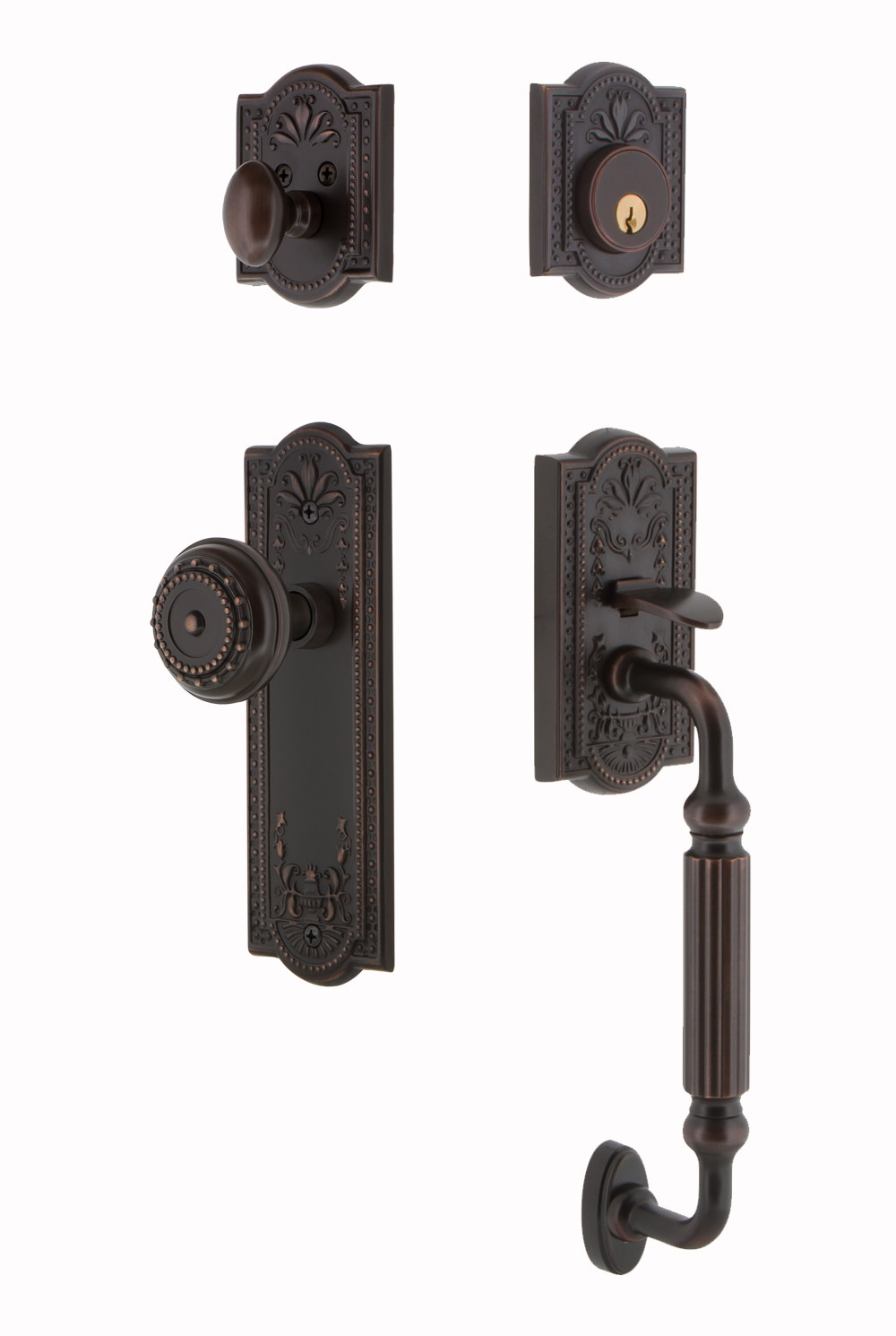 Photos - Interior Door SOLID Nostalgic Warehouse MEAMEAESET238FG Meadows  Brass Sectional Single Cylinder Keyed Entry Handle Set with F Handle and 2 