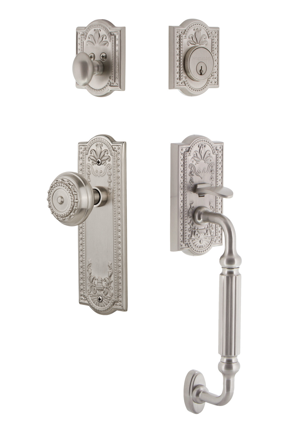 Photos - Interior Door SOLID Nostalgic Warehouse MEAMEAESET234FG Meadows  Brass Sectional Single Cylinder Keyed Entry Handle Set with F Handle and 2 