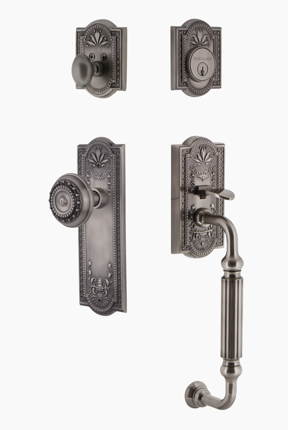 Photos - Interior Door SOLID Nostalgic Warehouse MEAMEAESET234FG Meadows  Brass Sectional Single Cylinder Keyed Entry Handle Set with F Handle and 2 