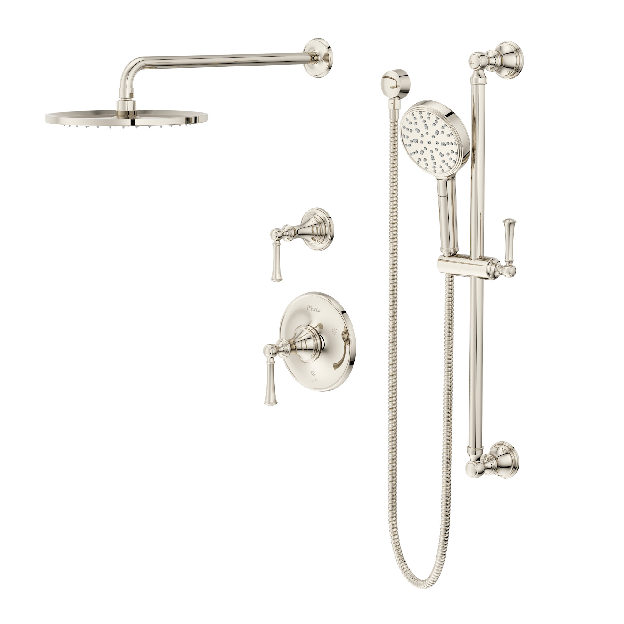 Pfister TBSHW11 Tisbury Pressure Balance Shower & Diverter Trim with 10" Rainhead 18" Straight Shower Arm & Flange Multi-Function Hand Shower on