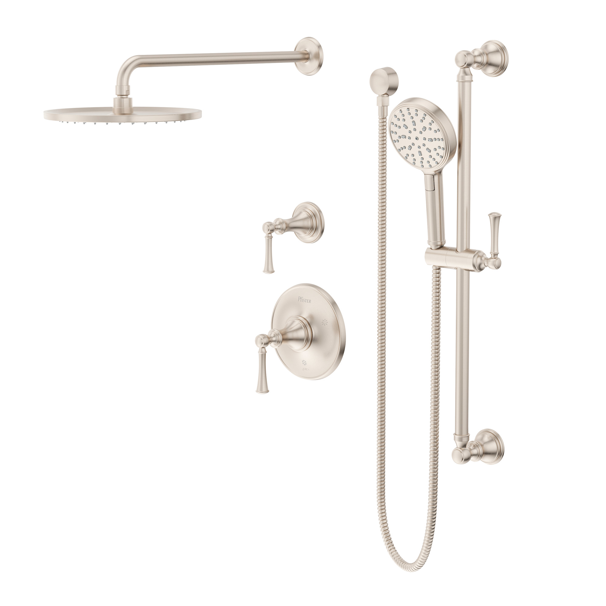 Pfister TBSHW11 Tisbury Pressure Balance Shower & Diverter Trim with 10" Rainhead 18" Straight Shower Arm & Flange Multi-Function Hand Shower on