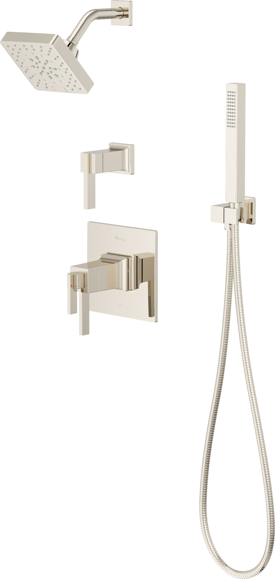 Pfister VRVSHW12 Verve Therm Shower & Diverter Trim with Square Multi-function Showerhead and Hand Shower Wand on Hook Polished Nickel Showers Shower