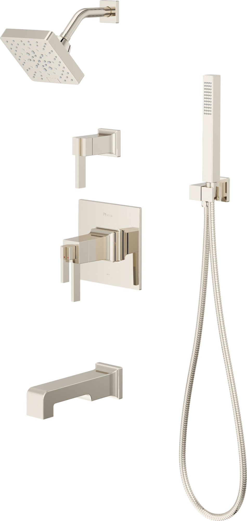 Pfister VRVSHW16 Verve Therm Tub/Shower & Diverter Trim with Square Multi-function Showerhead 9" Shower Arm & Flange Hand Shower Wand Drop Elbow