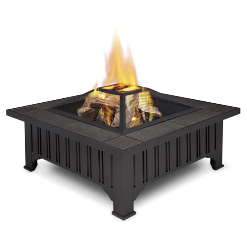 Real Flame 908 34 Inch Square Wood Burning Fire Pit with Gray Tile Top Black Outdoor Heating Fire Pits Table Fire Pits