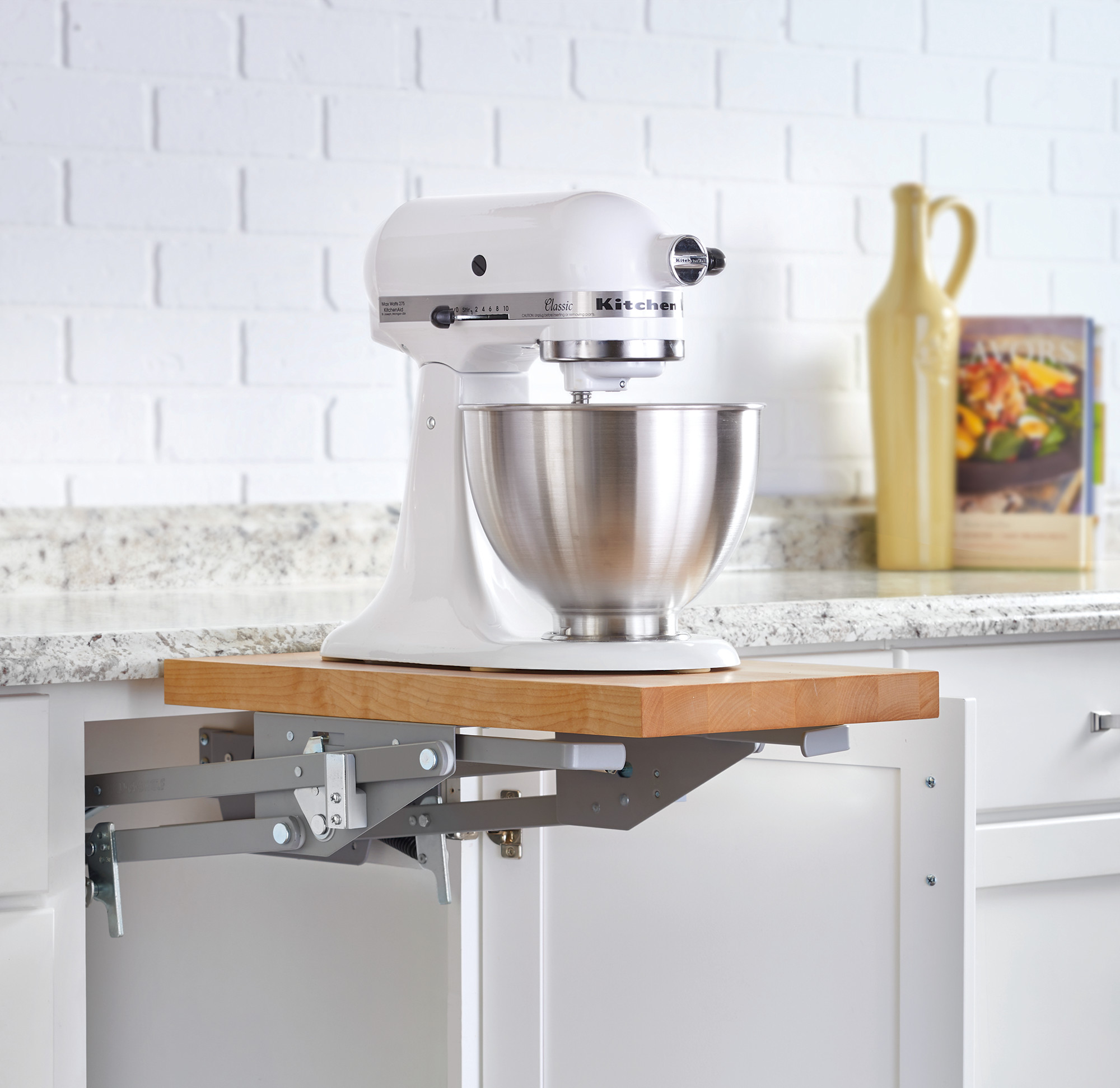 Rev-A-Shelf ML-HDSC-18 Modern 12"W Appliance Mixer Lift Stand System with Shelf Included for Full Height Base Cabinets - 60 Lb Capacity Maple / Silver