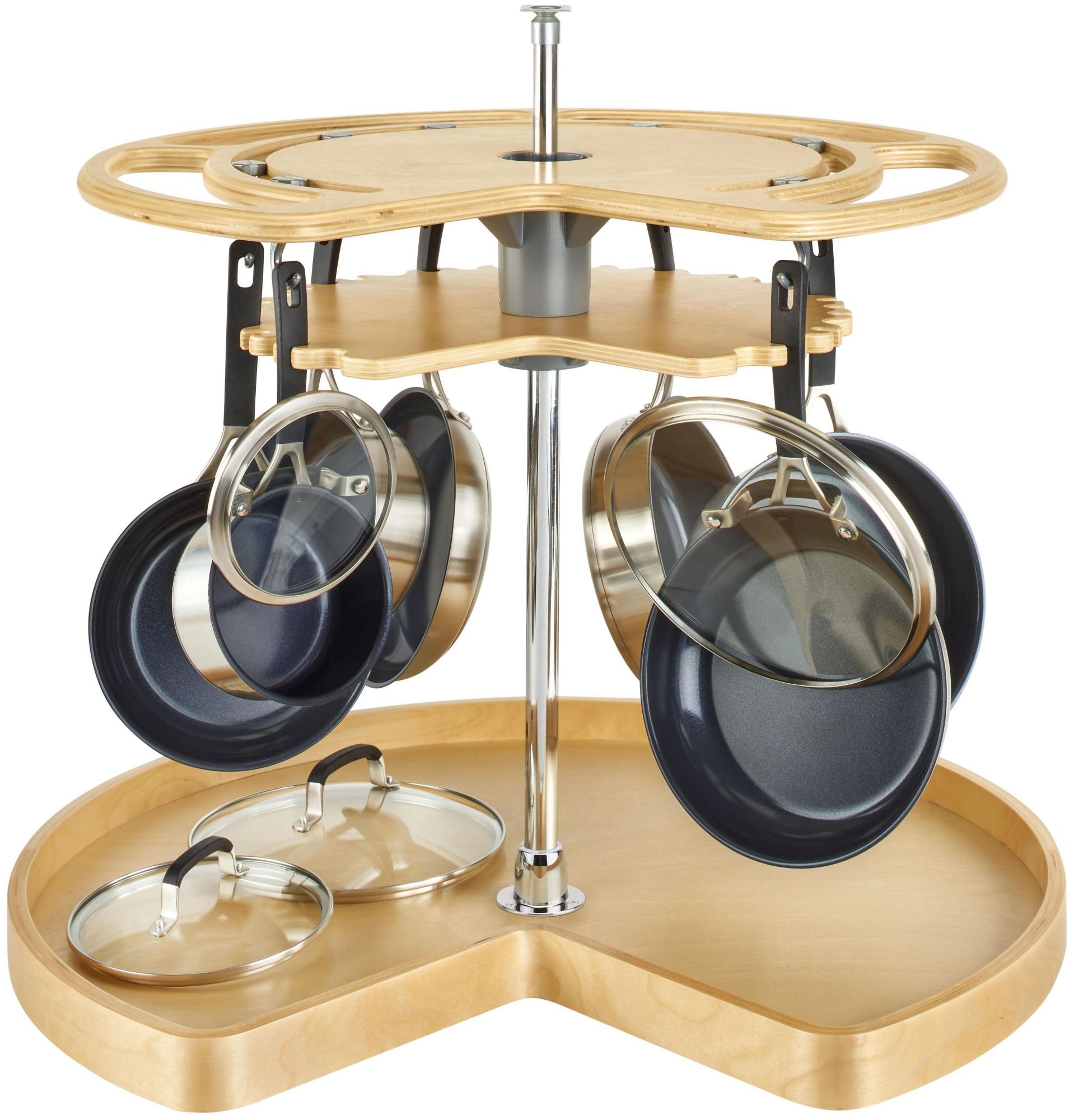 Rev-A-Shelf NSLS-KM-32S-7 Glideware Wood 2 Tier 32" Kidney Pots and Pans Storage Lazy Susan with 26-31" Adjustable Post and 7 Hooks for Corner Base