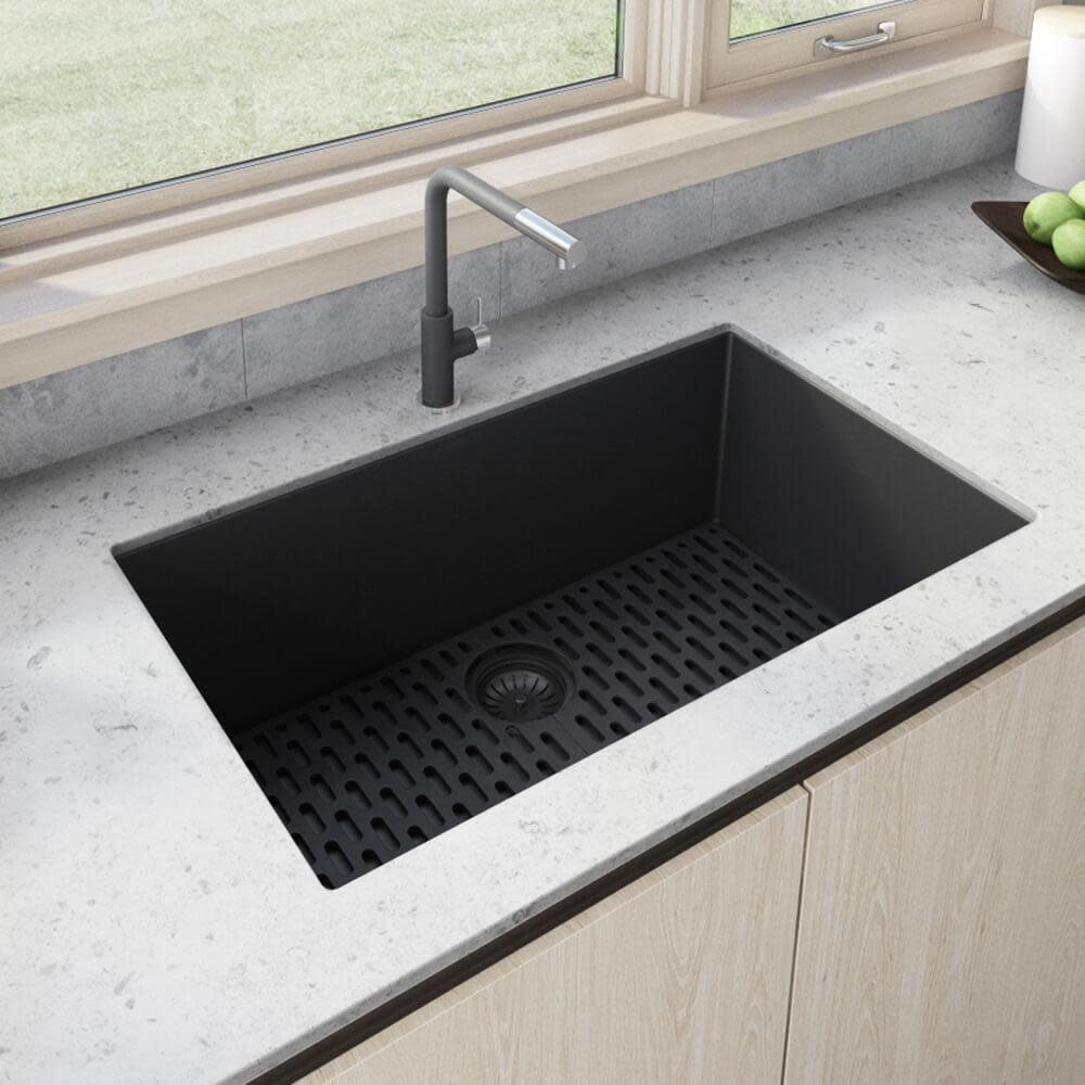 Photos - Kitchen Sink Ruvati RVG2027 epiGranite 26-3/8" Undermount Single Basin Granite Composite  with Basket Strainer Midnight Black