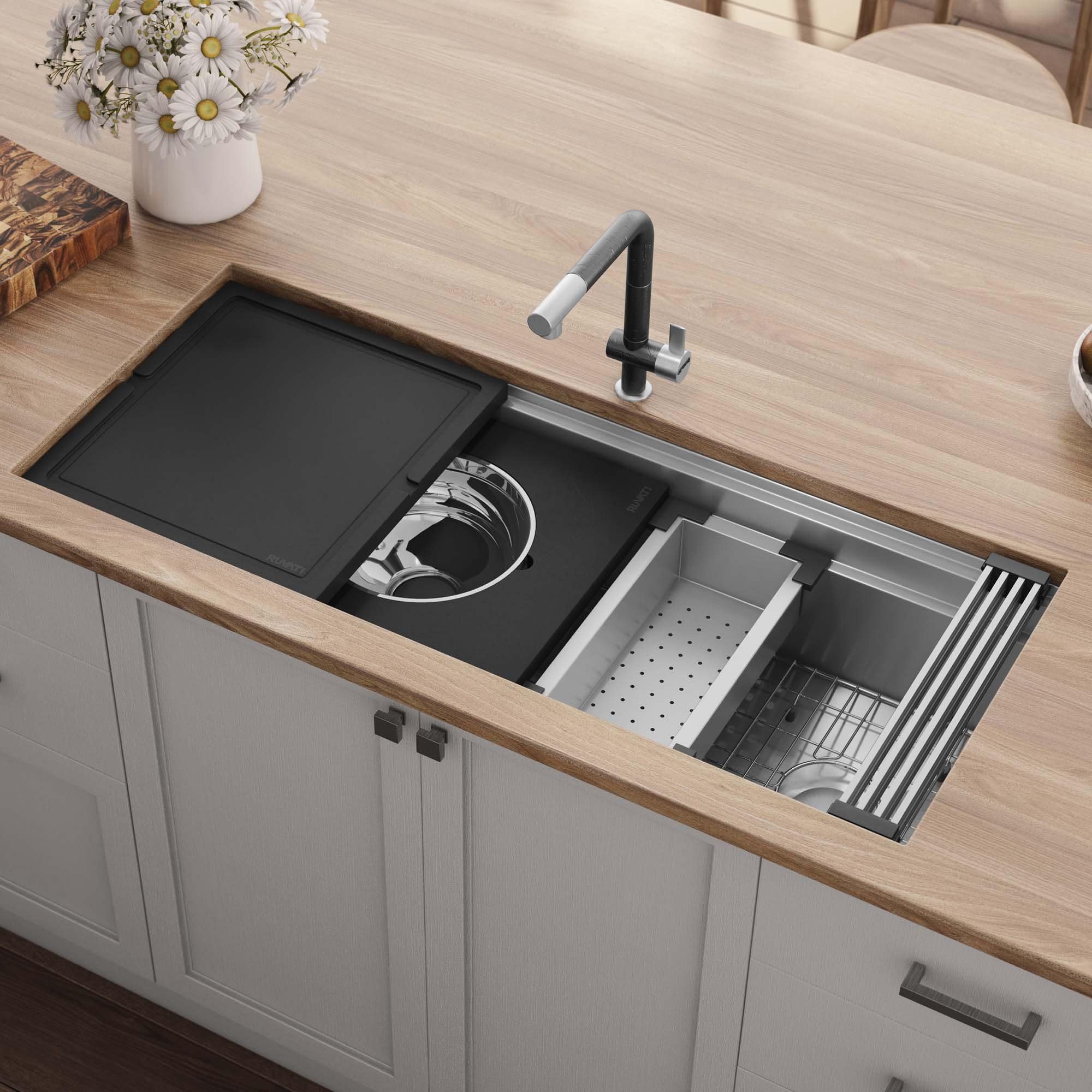 Photos - Kitchen Sink Nova Ruvati RVH8335 Dual-Tier 45" Wide Workstation with Undermount Sink Stainless Steel Sinks