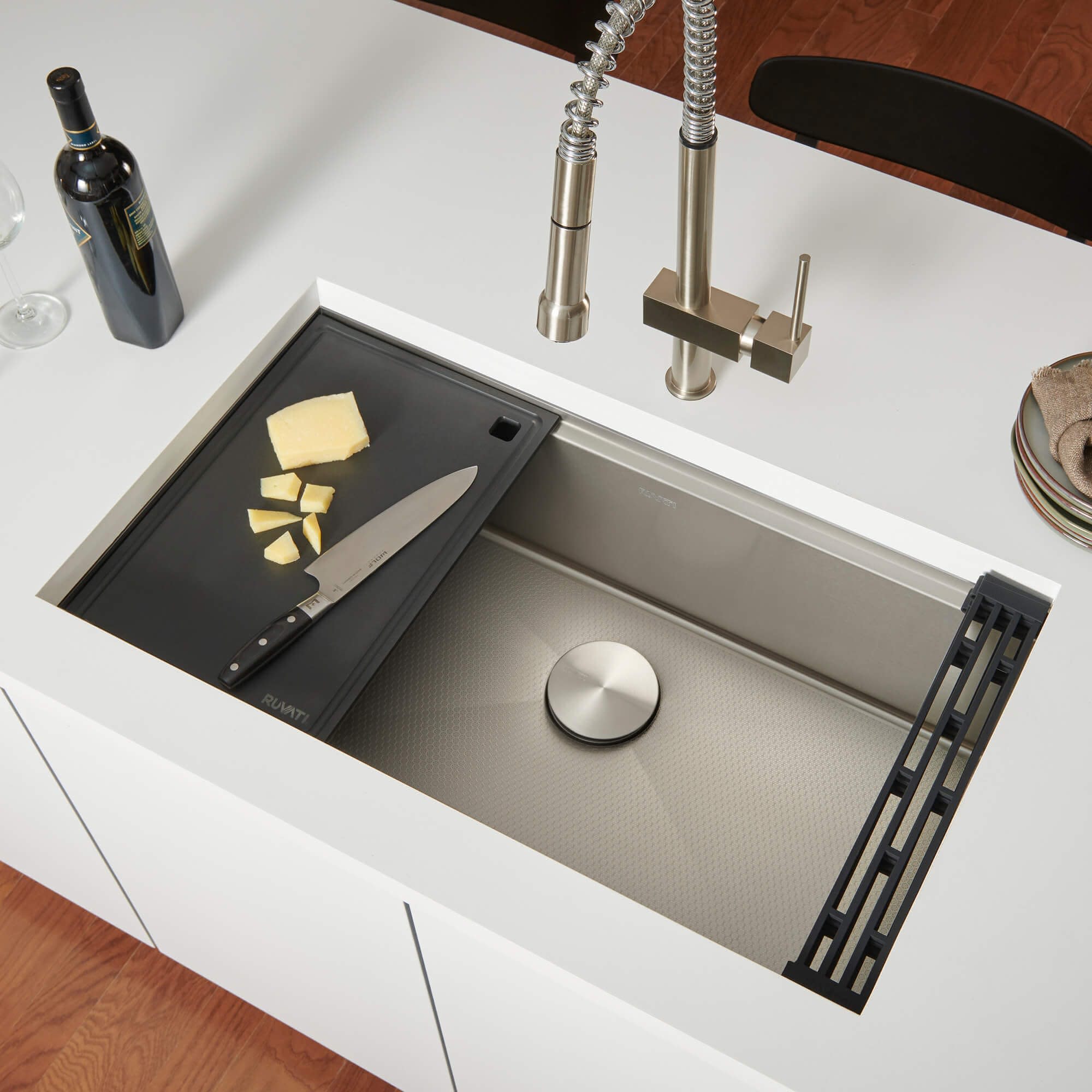 Photos - Kitchen Sink A&D Ruvati RVH8630 Roma Hex 30" Undermount Single Basin Stainless Steel  with Basket Strainer Colander and Cutting B 