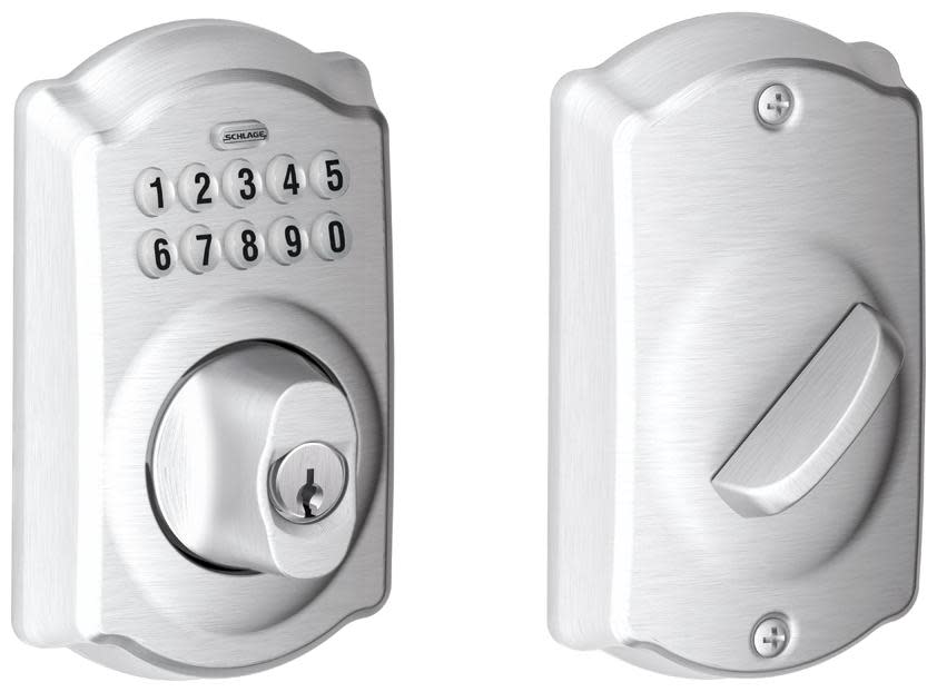 Schlage BE365-CAM Camelot Electronic Keypad Single Cylinder Deadbolt Satin Chrome Door Hardware Deadbolts Keyless Entry Deadbolts
