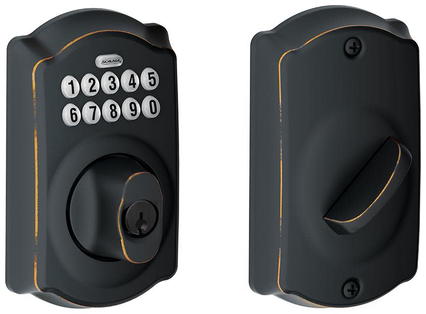 Schlage BE365-CAM Camelot Electronic Keypad Single Cylinder Deadbolt Aged Bronze Door Hardware Deadbolts Keyless Entry Deadbolts