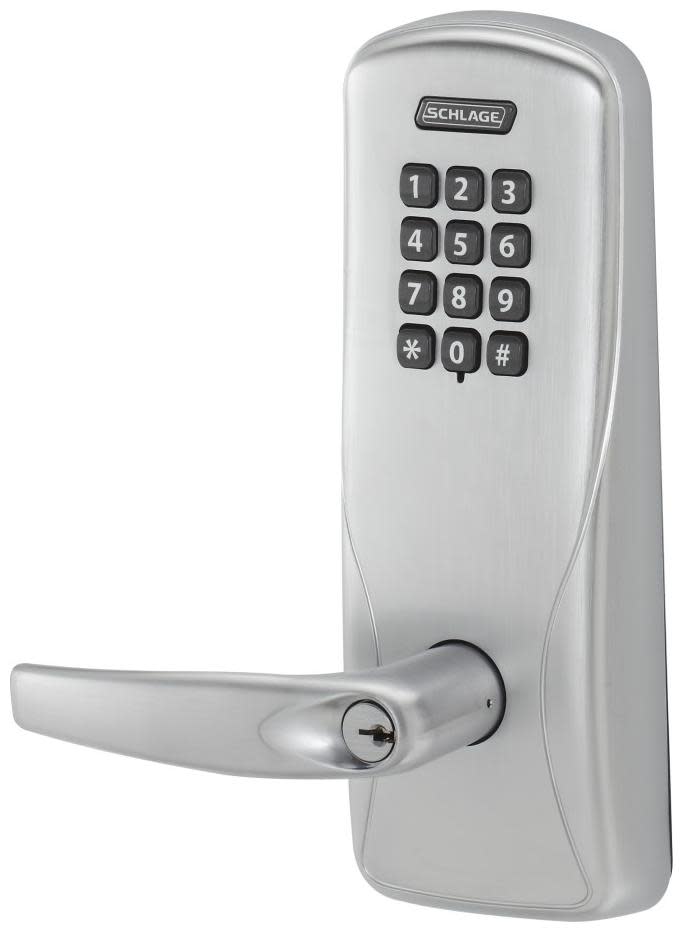 Schlage CO-100-MS-70-KP-ATH CO-Series Commercial Electronic Mortise Lock with Keypad and Athens Lever Satin Chrome Door Hardware Door Levers Keyless