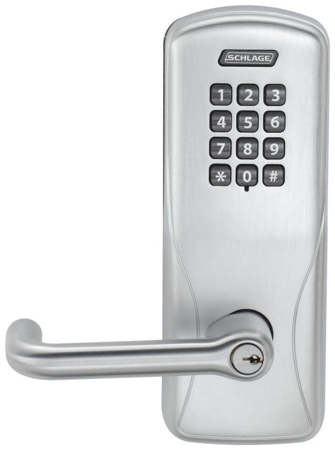 Schlage CO-200-MS-70-KP-TLR CO-Series Commercial Electronic Mortise Lock with Keypad and Tubular Lever Satin Chrome Door Hardware Door Levers Keyless