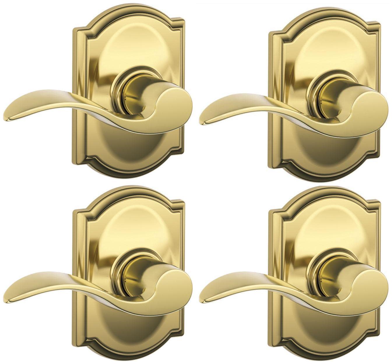 Schlage F10-ACC-CAM-4PACK Accent Passage Door Lever Set with the Decorative Camelot Trim - Pack of 4 Polished Brass Door Hardware Door Levers Passage