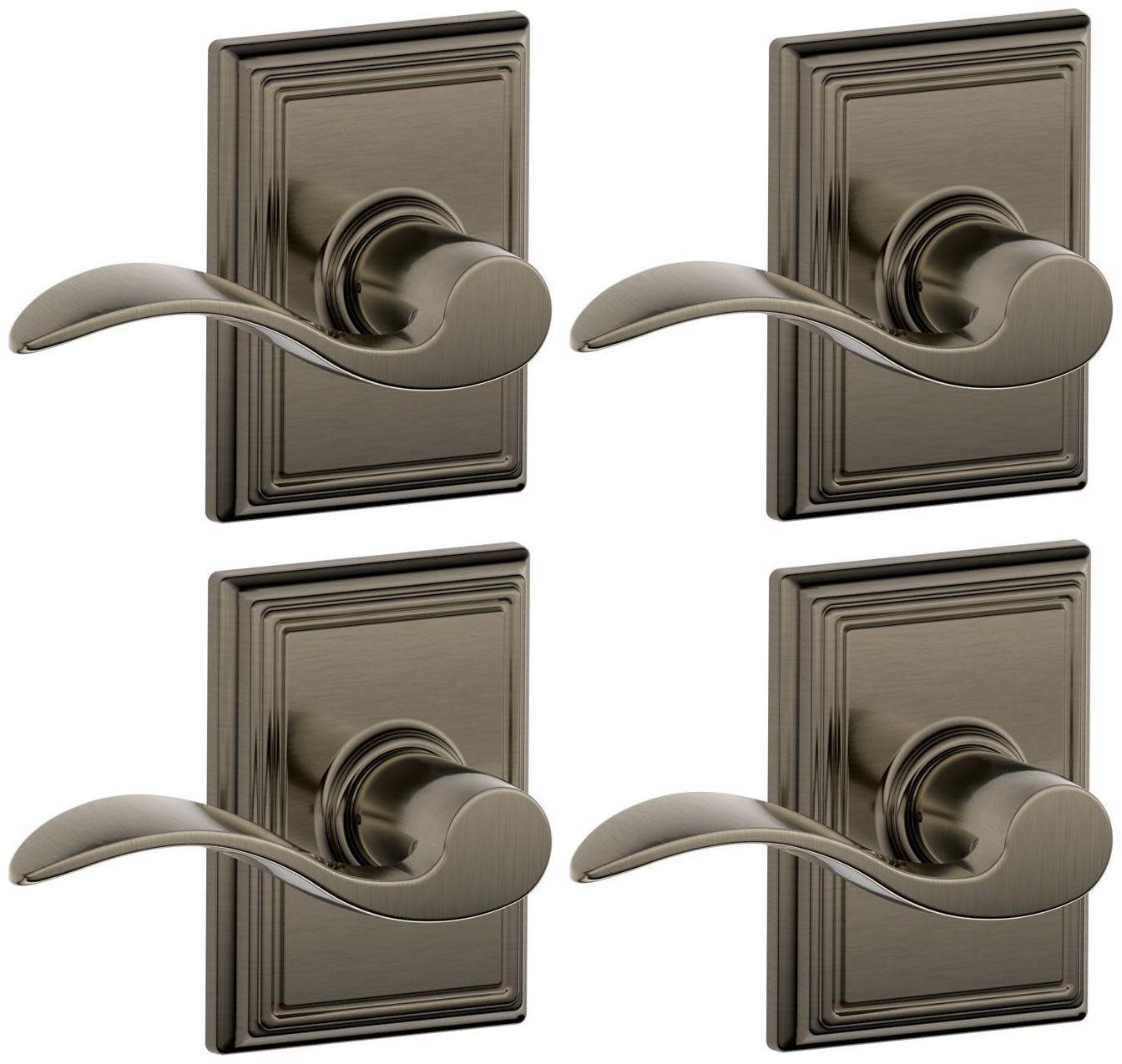 Schlage F10-ACC-ADD-4PACK Accent Passage Door Lever Set with the Decorative Addison Trim - Pack of 4 Antique Pewter Door Hardware Door Levers Passage