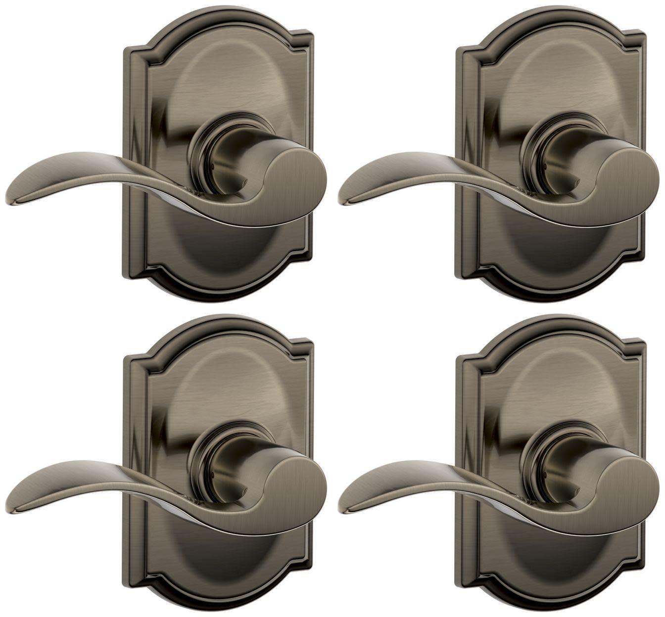 Schlage F10-ACC-CAM-4PACK Accent Passage Door Lever Set with the Decorative Camelot Trim - Pack of 4 Antique Pewter Door Hardware Door Levers Passage