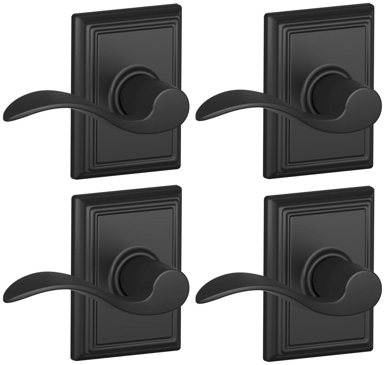 Schlage F10-ACC-ADD-4PACK Accent Passage Door Lever Set with the Decorative Addison Trim - Pack of 4 Matte Black Door Hardware Door Levers Passage