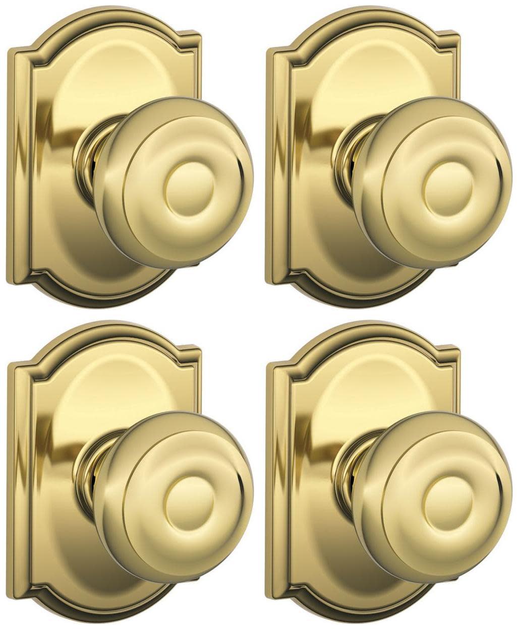 Schlage F10-GEO-CAM-4PACK Georgian Passage Door Knob Set with Decorative Camelot Trim - Pack of 4 Polished Brass Door Hardware Door Knobs Passage Door