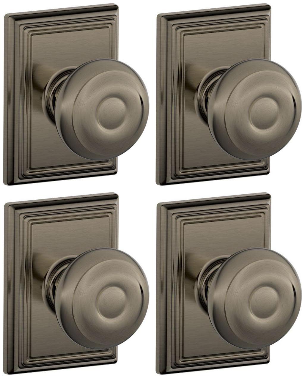 Schlage F10-GEO-ADD-4PACK Georgian Passage Door Knob Set with Decorative Addison Trim - Pack of 4 Antique Pewter Door Hardware Door Knobs Passage Door