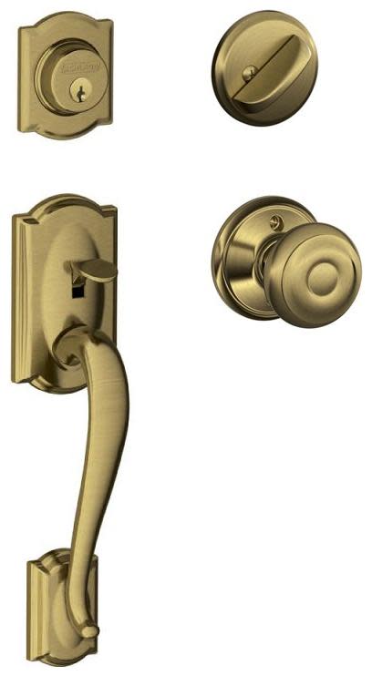 Photos - Interior Door Camelot Schlage F60-CAM-GEO  Sectional Single Cylinder Keyed Entry Handleset with Georgian Knob Antique Brass Door Hardware H 