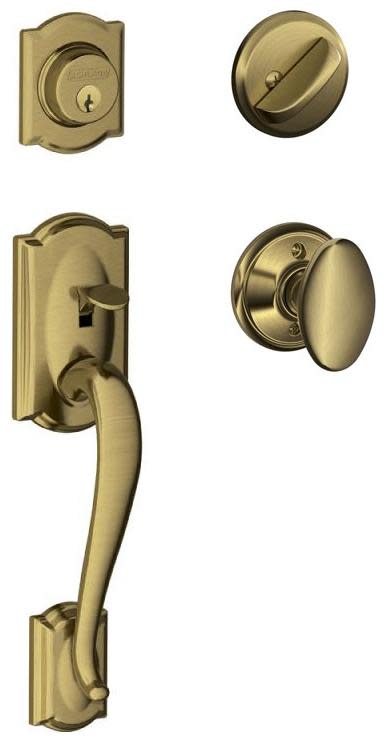 Photos - Interior Door Camelot Schlage F60-CAM-SIE  Sectional Single Cylinder Keyed Entry Handleset with Siena Knob Antique Brass Door Hardware Hand 