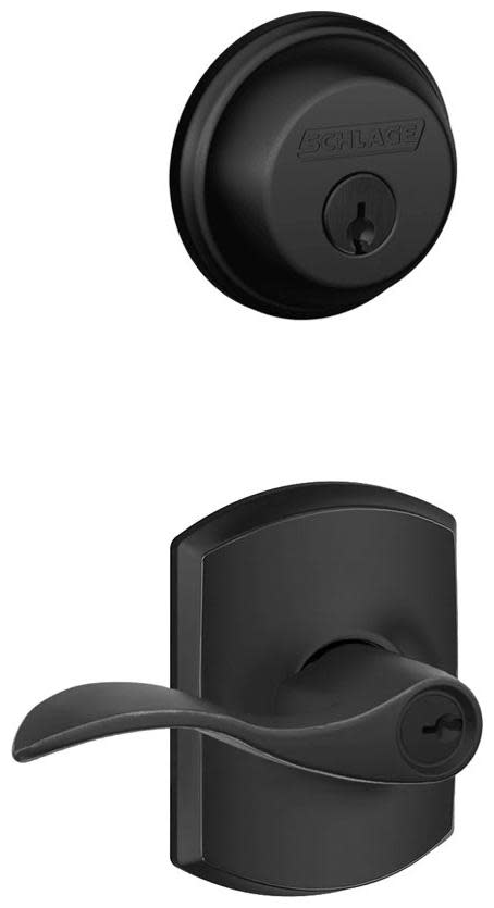 Schlage FB50-ACC-GRW Accent Single Cylinder Keyed Entry Door Lever Set and Deadbolt Combo with Greenwich Rose Matte Black Door Hardware Door Lever