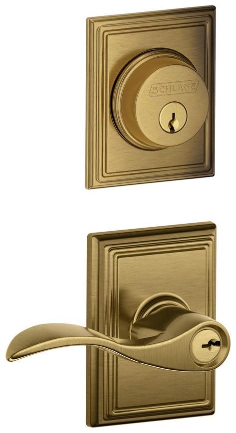 Schlage FB50-ADD-ACC-ADD Accent Single Cylinder Keyed Entry Door Lever Set and Addison Deadbolt Combo with Addison Rose Antique Brass Door Hardware