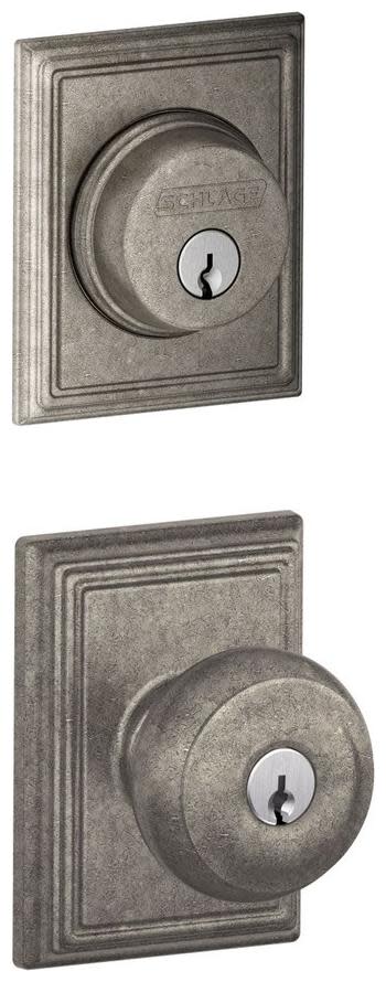 Schlage FB50-ADD-GEO-ADD Georgian Single Cylinder Keyed Entry Door Knob Set and Addison Deadbolt Combo with Addison Rose Distressed Nickel Door